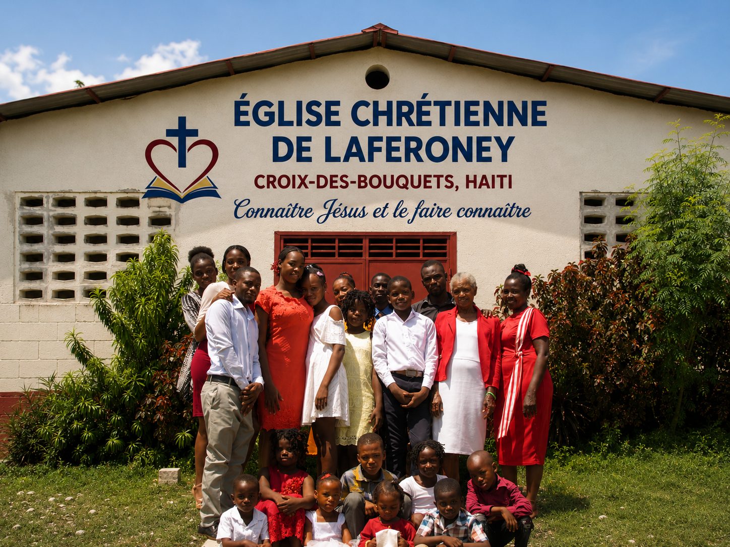 Members of &Eacute;glise Chr&eacute;tienne de Laferoney gathered outside the church building