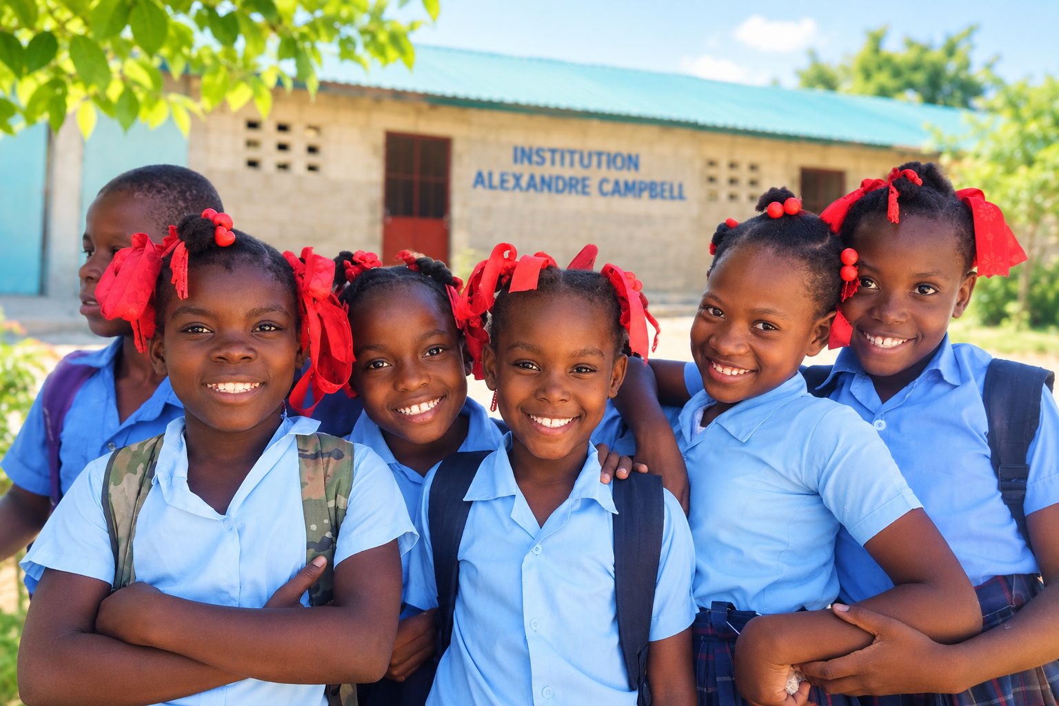 Five students in blue school uniforms with red hair ribbons standing together outside their classroom